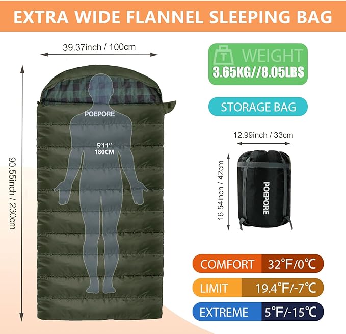 0 Degree Sleeping Bag 100% Cotton Flannel XXL Cold Weather Winter Oversized Sleeping Bag for Adults Camping Zero Degree Big and Tall with Compression Sack