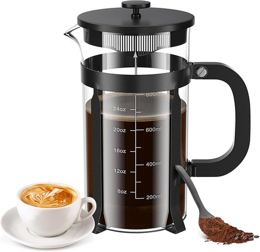 French Press Coffee Maker, 34 Ounce 1 Liter, Stainless Steel, Cold Brew Heat Resistant Borosilicate Glass Espresso Coffee & Tea Maker with 4 Filter