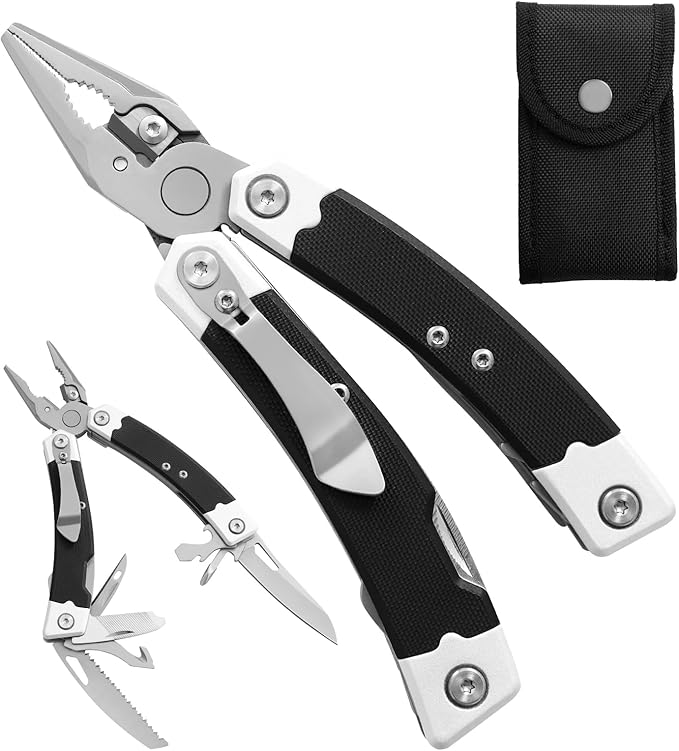 HANSHI G10 Handle Multitool Pliers with YG10 Tungsten Steel Replaceable Wire Cutters 12 in 1 Multi Tool Pocket Knife with Safety Lock,Saw,Bottel Opener for Camping,Survival with Nylon Sheath (black)