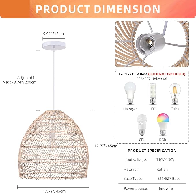 Arturesthome 1 Light Rattan Woven Pendant Light Shades,17.7" Kitchen Island Pendant Light,Handmade Hanging Lamp Crafts Lampshade for Living Dining Room