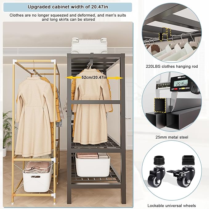 FPIGSHS Heavy Duty Clothes Rack with Cover 2000LBS Foldable Portable Wardrobe Closet for Hanging Clothing Rolling Garment Rack on Wheels for Bedroom Closet System (D(Gauze Curtain Cover, 71in)