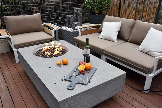 Elementi | Metropolis Gas Fire Pit Cast Concrete 56" Rectangular Fire Table, Outdoor Fire Pit Electronic Ignition | Canvas Cover, Lava Rock Included | Light Gray (Propane Gas)