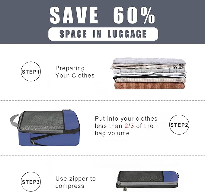 BAGAIL 4 Set/6 Set/8 Set Compression Packing Cubes Travel Accessories Expandable Packing Organizers (Half Mesh, 6-Navy)