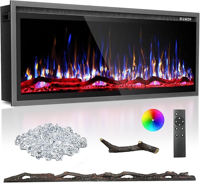BREEZEHEAT 50 Inch Electric Fireplace-Recessed & Wall Mounted Linear Fireplace-750/1500W Heater w/Temperature Control, Log & Crystal Options, Adjustable Flame, Remote Control