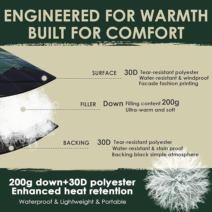 Down Camping Blanket Packable Outdoor Down Camping Blankets for Cold Weather Large Waterproof Puffy Blanket Lightweight Warm Down Camping Quilt - 78" x 55"