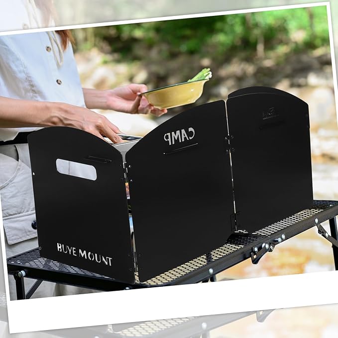 Black Camping Stove Windscreen 4 Plates Steel Camp Stove Windscreen Folding Outdoor Picnic Cooker Stove Wind Screen Windshield with Drawstring Bag for Camping, Hiking, Picnic, Backpacking, Cooking