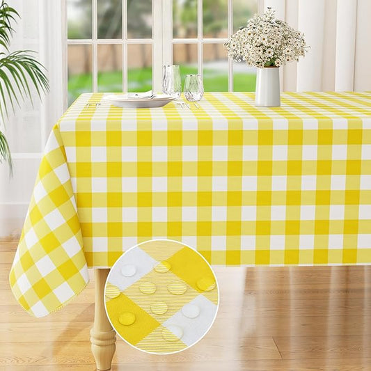 misaya Square Waterproof Vinyl Table Cloth, Buffalo Flannel Backed Tablecloth, Wipeable Plastic Table Cover for Dinner, Kitchen, Outdoor (54" x 54", Yellow and White)