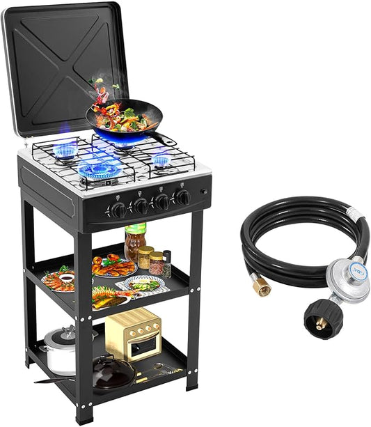 4 Burner Propane Gas Stove,300000BTU Portable Gas Stove with Support Leg Stand and Wind Blocking Cover Adapter Auto Ignition Camping Stove,propane burner for RV, Apartment, Outdoor Cooking