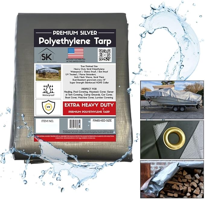 16 Mil Extra Heavy Duty Poly Tarp - Waterproof Tarp with True Size, UV Protection, Tear Resistance, Arctic Flexibility & Reinforced Corners