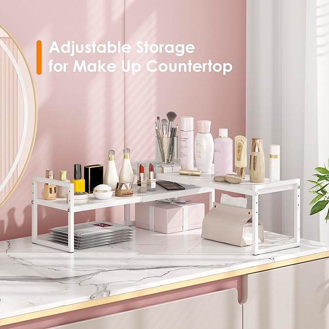 DOLALIKE Expandable Kitchen Countertop Organizer, Stackable Cabinet Shelf Organizers, Space Saving Spice Rack Pantry Storage for Bathroom Office Organization (White, 2-Tier)
