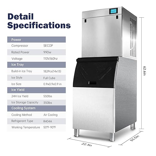 22" Commercial Ice Maker Machine 550LBS/24H with 350LBS Storage Bin, 990W SECOP Compressor, 182 Full Cube Ice Ready in 8-15 min, Air Cooled, Industrial Ice Machine for Business