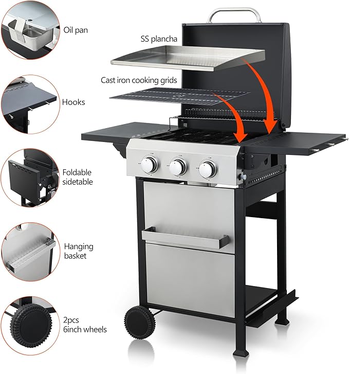 3-Burner Propane Gas BBQ Grill, SS Plancha, 36900BTU Output With Wire Enamel Cooking Grids For Outdoor Barbecue,Stainless Steel Foldable Side Table,Hanging Basket,Black Silver