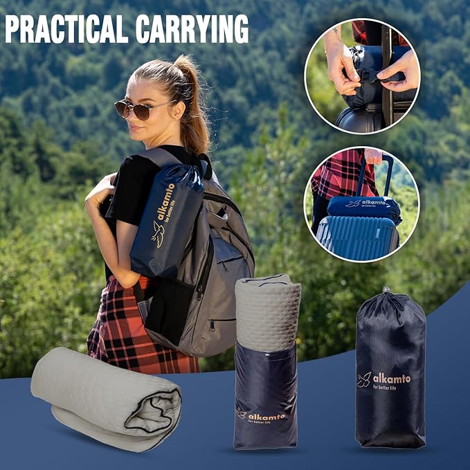 Memory Foam Pillow for Travel and Camping with Extra Cotton Cover – Easy to Carry Portable Bag (Grey Contour)