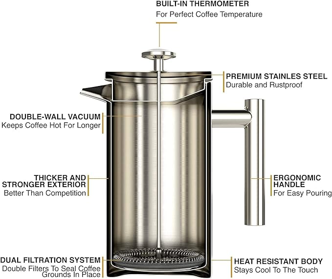Barista Warrior French Press with Thermometer - Insulated Coffee Press - Stainless Steel Coffee Maker (1.0L, 34 fl oz, Gray)