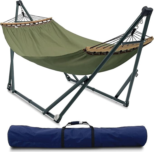 Tranquillo Sturdy Steel Hammock Stand with Premium Cotton Canvas, 600 lbs Capacity Folding Hammock Stand, Portable Hammock 30-Second Fold Unfold Spacious Hammock Design, Sage