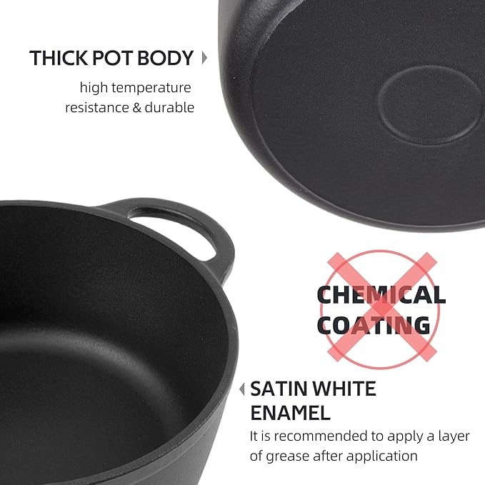 4.5 Quart Dutch Oven Enameled Cast Iron with Lid - Big Dual Handles - Oven Safe up to 500°F - Classic Round Pot for Versatile Cooking Matte Black(No Enameled