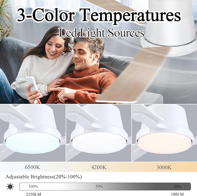 42 Inch Ceiling Fans with Lights,Low Profile Ceiling Fan,Modern Flush Mount,Reversible 6 Speeds,3CCT Dimmable Noiseless White Ceiling Fans for Living Room,Bedroom and Patio,ETL Listed