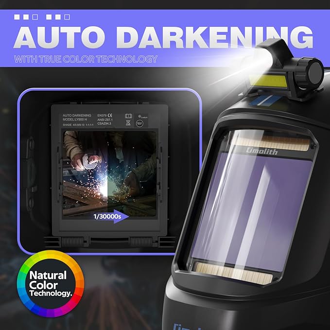 3.93"X3.66" Auto Darkening Welding Helmet with Light, 1/1/1/1 Top Optical Clarity, 4 Arc Sensor Wide Shade 4/5-9/9-13 for TIG MIG STICK CUT Welding Hood Welder Mask