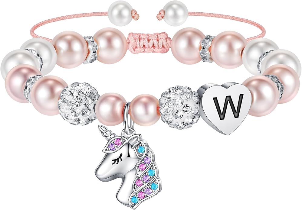 Hidepoo Unicorn Bracelet Gifts for Girls - Adjustable Pink Pearl and Rhinestone Balls Heart Initial Unicorn Bracelets Jewelry CZ Unicorn Bracelet Birthday Gifts for Girls