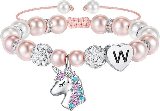 Hidepoo Unicorn Bracelet Gifts for Girls - Adjustable Pink Pearl and Rhinestone Balls Heart Initial Unicorn Bracelets Jewelry CZ Unicorn Bracelet Birthday Gifts for Girls