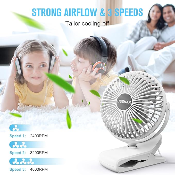 BESKAR Clip on Fan, 360° Rotation Quiet Stroller Fans with Strong Airflow,3 Speeds, Portable Small Fans with Sturdy Clamp,Perfect Personal Cooling Fan for Office Table Bedroom Kitchen