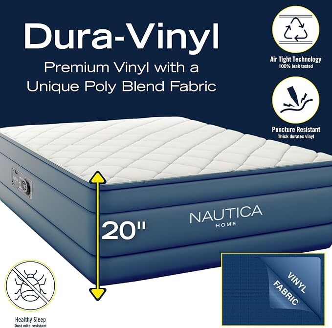 Nautica Home 20" Cloud Supreme Air Mattress with Zip-Off Pillowtop, Built-in Pump, Quick 2-Minute Inflation,Queen Size, Perfect for Guests, Travel, Camping, Durable Offset Coil Construction