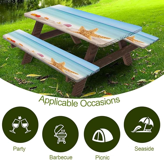 CAPSCEOLL Elastic Picnic Table Cover with Bench Covers 5Ft Waterproof Fitted Picnic Table Cover Cloths for Outdoors Camping Tablecloth with Drawstring Bag, 60X30in, Sea Beach