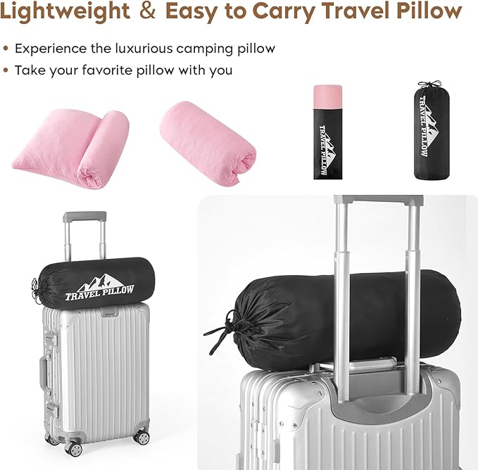 Small Shredded Memory Foam Pillow, Camping Pillow Travel Pillow - Compressible Medium Firm, Breathable Cover, Ideal Backpacking Hiking, Airplane and Car (Apricot Pink, L)