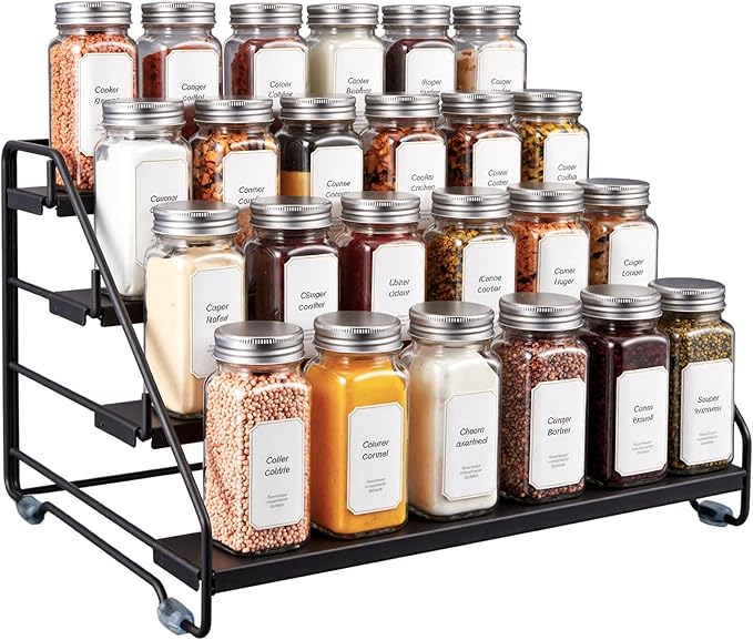 4 Tier Spice Rack Organizer for Cabinet, Step Adjustable Spice Shelf Seasoning Organizer with Non Slip Tiers, Expandable Metal Spice Rack for Kitchen Countertop, Pantry, Cupboard – Black