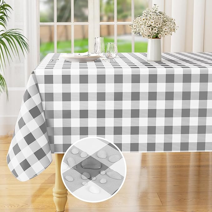 misaya Rectangle Waterproof Vinyl Table Cloth, Buffalo Flannel Backed Tablecloth, Wipeable Plastic Table Cover for Dinner, Kitchen, Outdoor (54" x 120", Grey and White)