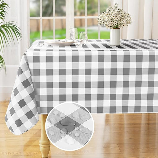 misaya Rectangle Waterproof Vinyl Table Cloth, Buffalo Flannel Backed Tablecloth, Wipeable Plastic Table Cover for Dinner, Kitchen, Outdoor (54" x 120", Grey and White)