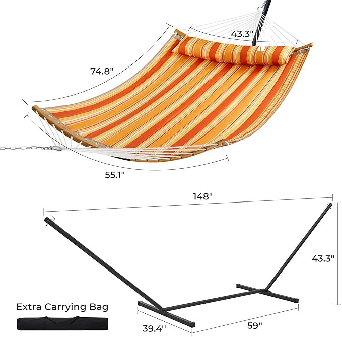 SUPERJARE Hammock with Stand, 2 Person Heavy Duty Hammock with Padded Cotton, Detachable Pillow & Strong Curved-Bar & Portable Carrying Bag, Perfect for Outdoor & Indoor - Tangerine