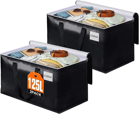 BlissTotes Moving Bags, Heavy Duty Moving Boxes with Zippers Top and Sturdy Handles, Storage Bags for Space Saving and Packing, Collapsible Moving Supplies, Storage Totes (125L, 2-Pack, Black)