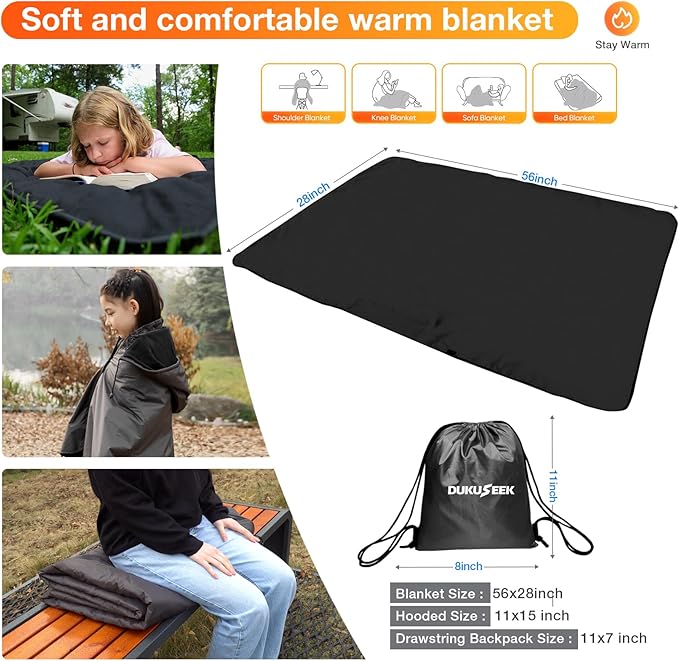 DUKUSEEK Hooded Stadium Blanket for Kids, Small Waterproof Outdoor Blankets with Fleece Linner, Kids Outdoor Wearable Blanket for Sporting Events, Camping, Picnic, Games, Stadium, 56x28