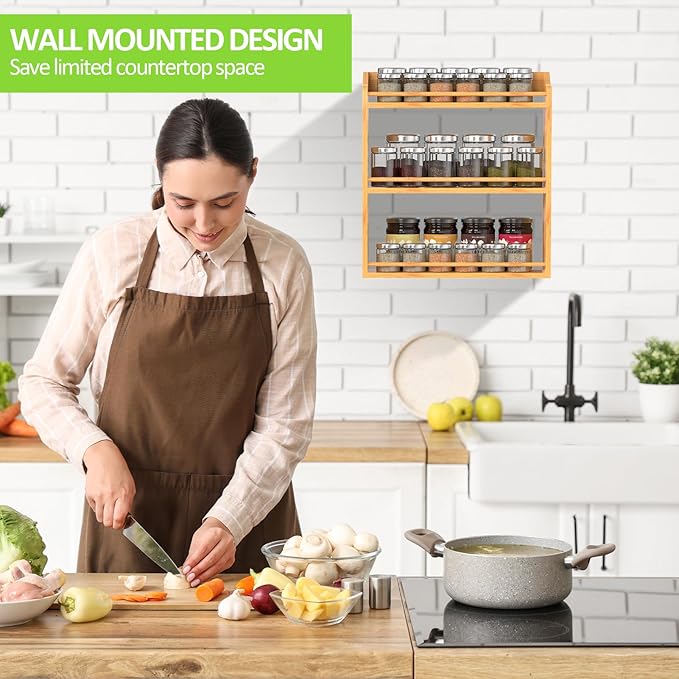 Bamboo Spice Rack Organizer, 3 Tier Spice Jars Shelf for Kitchen Countertop or Wall Mounting