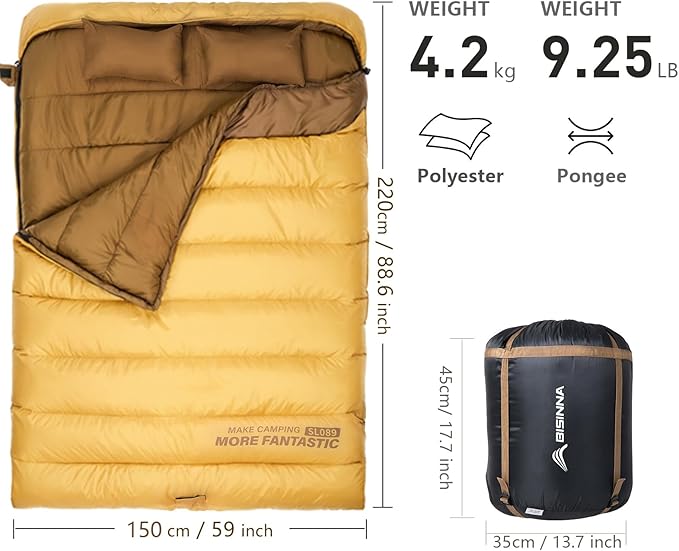 BISINNA Double Sleepinag Bag for Adults Two Person Queen Size Camping Sleeping Bag for All Season Backpacking Hiking Cold Weather with Compression Sack