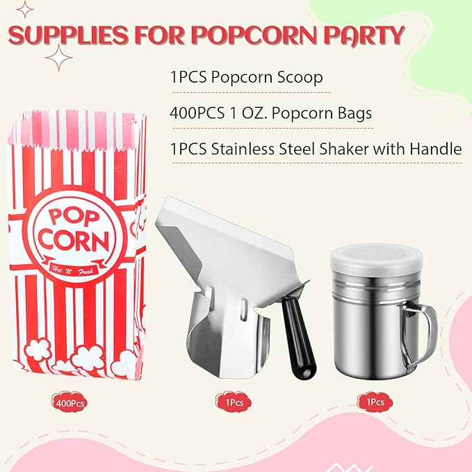 402 Pcs Popcorn Bags with Popcorn Scoop and Salt Shaker,1 oz Small Pop Corn Bags Popcorn Bags Individual Servings for Popcorn Machine Supplies Party Movie Night Theater