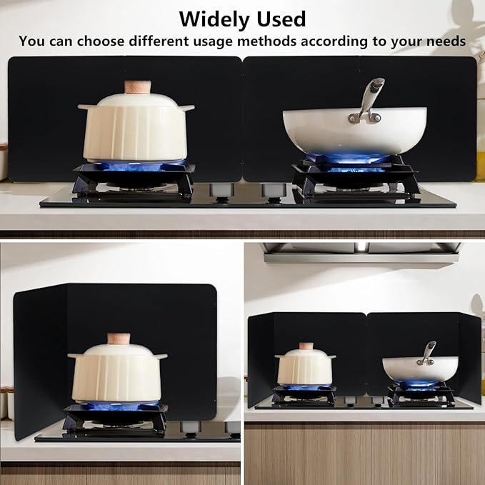 2 Pieces Grease Splatter Guard 2 Sided Foldable Stainless Steel Splatter Guard Oil Splash Guard for Grease Stainless Steel Backsplash for Stove Frying Pan Splatter Guard (Black, 15.7" X 15.7")