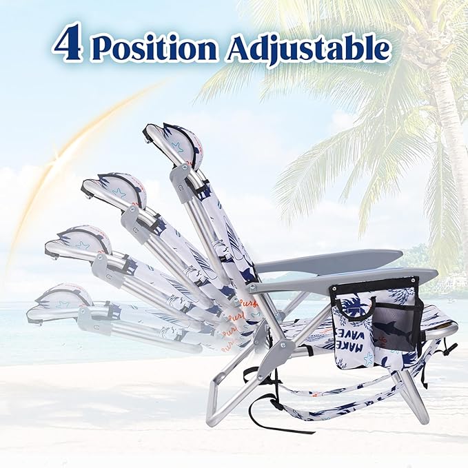 2 Pack Lightweight Portable Camping Beach Chair for Adults, Outdoor Lay Flat Folding Chairs, Backpack Chair with Towel Bar, Cooler Pouch, Cup Holder, White Geometry