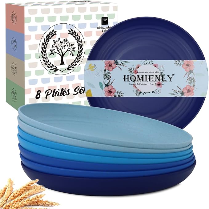 Homienly Wheat Straw Dinner Plates Set of 8-8 inch for Salad, Dessert, Appetizer, Pancakes - Unbreakable, Kitchen Essentials (Blue Series)