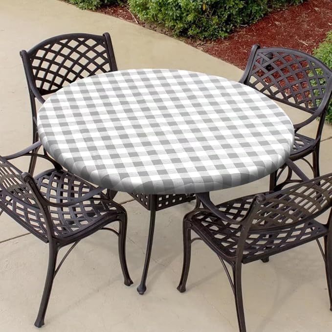 Fitable Round Vinyl Fitted Table Cover - Waterproof Checkered Elastic Edged Tablecloth Flannel Backed Wipeable Table Cloth for Spring/Summer Picnic Party, Silver/White (Fit for 45"-56" Round Tables)
