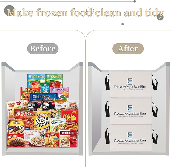 Freezer Organizer Bins, Collapsible Deep Freezer Organizer Bins for 15"x14"x9", freezer Storage Bins with Removable Dividers, Handles (Light Grey, 1 Pack)