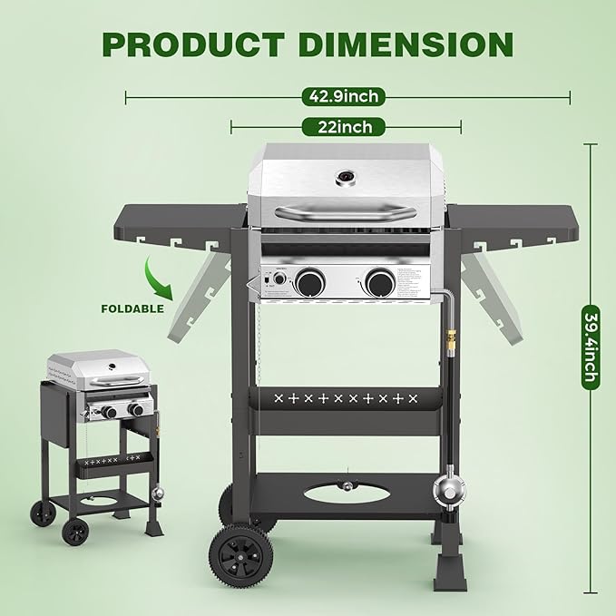 COWSAR 2-Burner Propane Gas Grill with Folding Side Tables,Stainless Steel 16,000 BTU BBQ Grill,Outdoor Grill for Barbecue,Patio,Camping