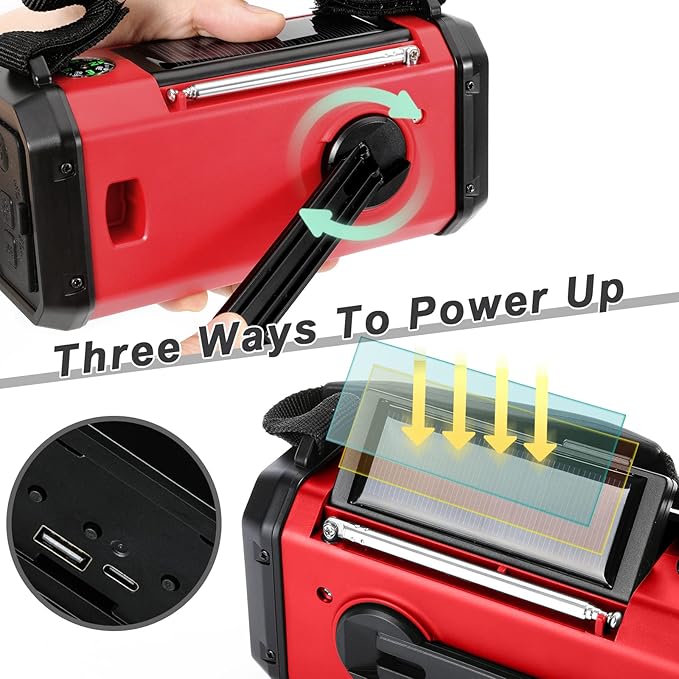 Hand Crank Emergency Radio, 10000mAh/37000mWh Solar Powered AM/FM/NOAA Weather Radio with Multi-Function LED Flashlight and Cell Phone Charger for Indoor/Outdoor Emergencies