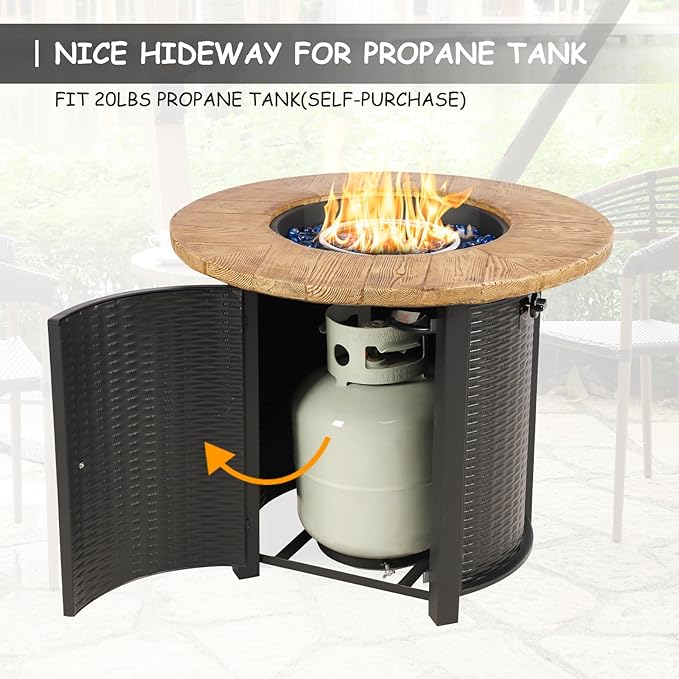 30 Inch Round Propane Fire Pit,50,000 BTU Iron Gas Firepit with Ignition Systems, w/Lid, Glass Stones,Outdoor Fire Table for Outside Patio,Deck-Black