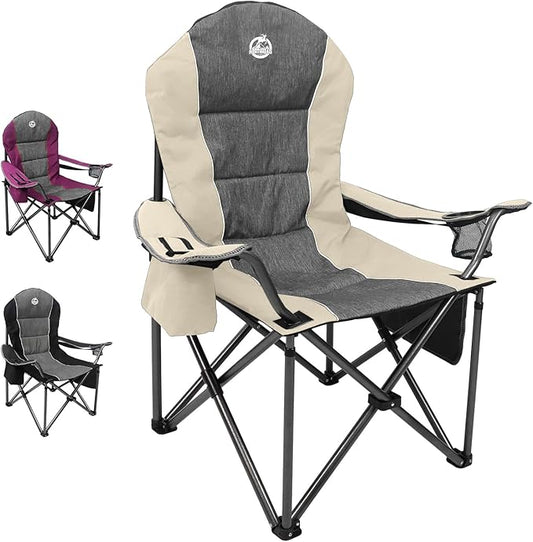 Northroad Oversized Portable Camping Chair, Full Padded Outdoor Folding Chair Support 350 LBS, Heavy Duty Lawn Chair with Cup Holder, Cooler Bag, Lumbar Support, Head Pocket for Adult-Beige
