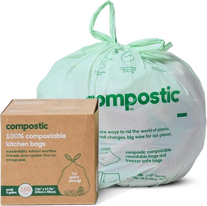 Home Compostable Trash Bags, 3 Gallon Small Kitchen Rubbish Bags (17” x 17.7”), Extra Strong & Quickly Breaks Down, 100 Count