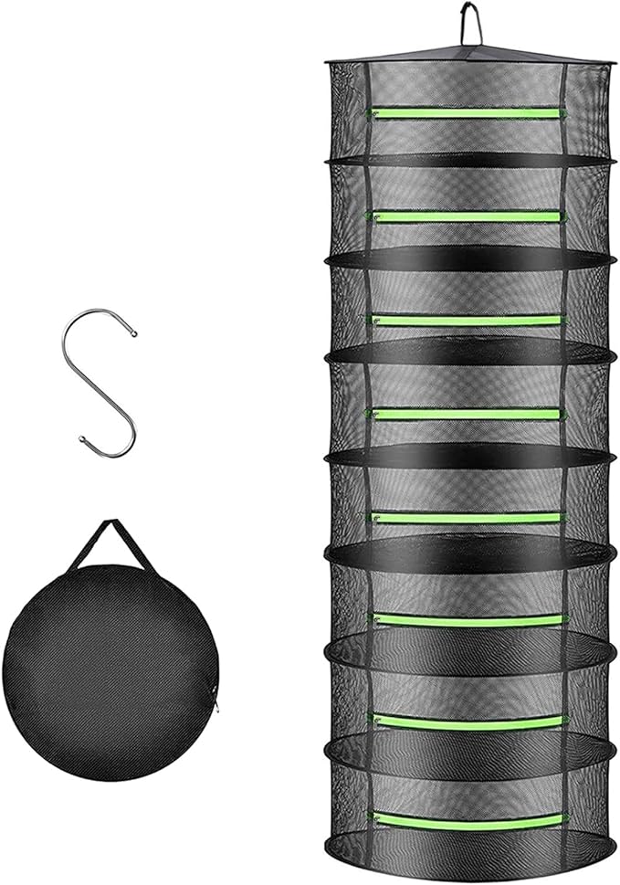 2ft Herb Drying Rack Net Mesh with Green Zippers Hydroponics,Bonus Hook Drying Rack Herbs for Plant Bud Seed, Mesh Hanging Plant Dry,Herb Dry Net for Garden (8 Layer, Zipper Style)
