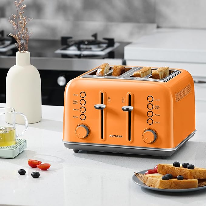 BUYDEEM DT640 4-Slice Toaster, Extra Wide Slots, Retro Stainless Steel with High Lift Lever, Bagel and Muffin Function, Removal Crumb Tray, 7-Shade Settings,Orange