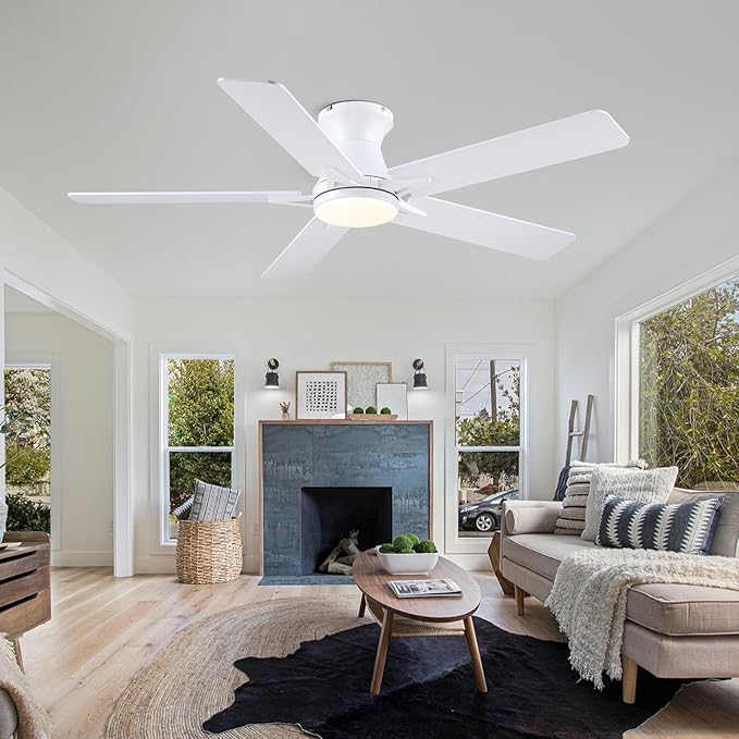 Low Profile Ceiling Fans with Lights and Remote Control, 52" White Ceiling Fans with Reversible Quiet Motor, Modern Flush Mount Ceiling Fan Light for Indoor&Outdoor with Cover